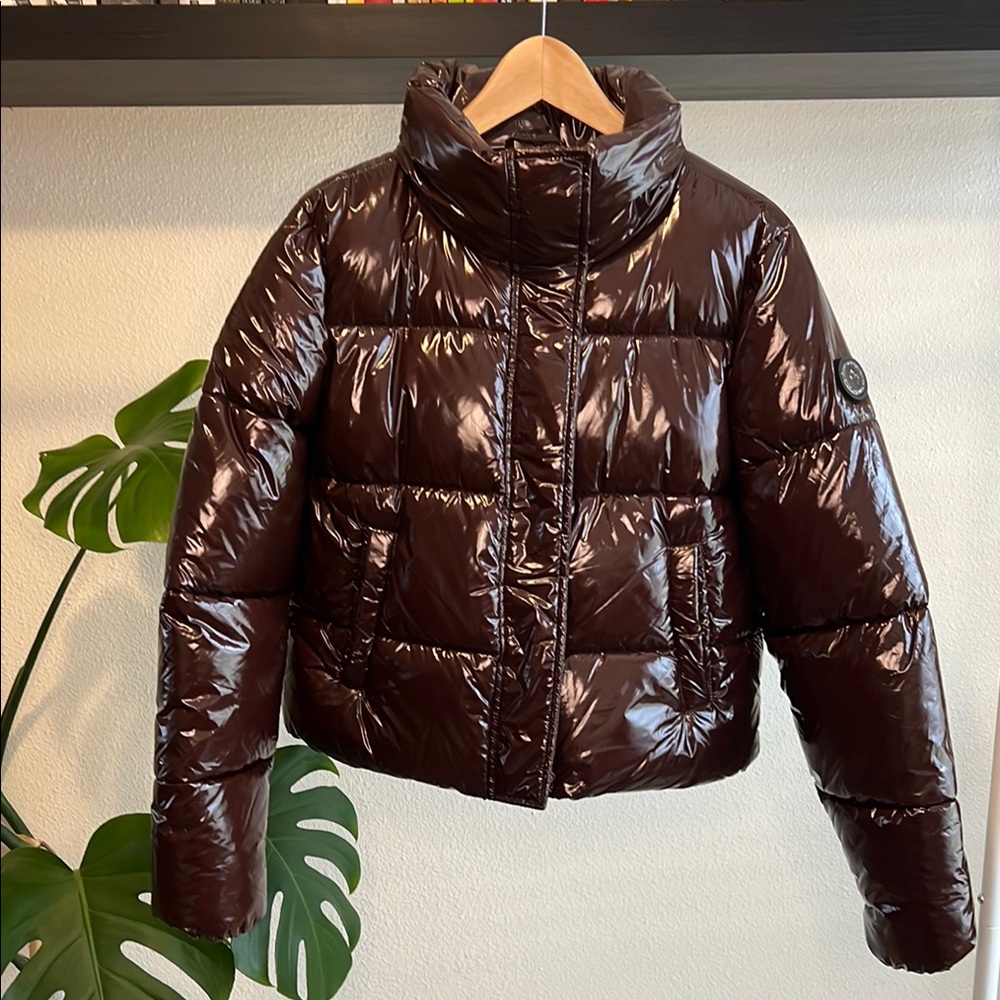NWT | Noize Coco Crop Shiny Puffer Coat | Chocolate Brown | Size Small